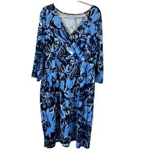 AVENUE, PLUS 18/20, BLACK/BLUE, FAUX WRAP TOP DRESS